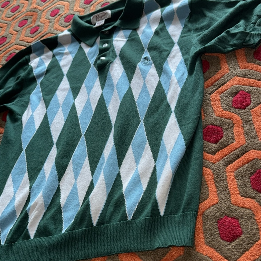 Original Penguin Green and Blue Argyle Polo Shirt Men's XL